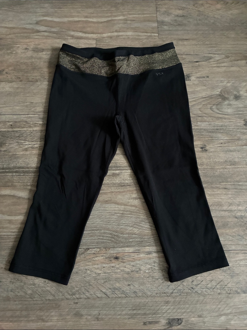 VSX Black Capri Leggings with Metallic Gold Waistband